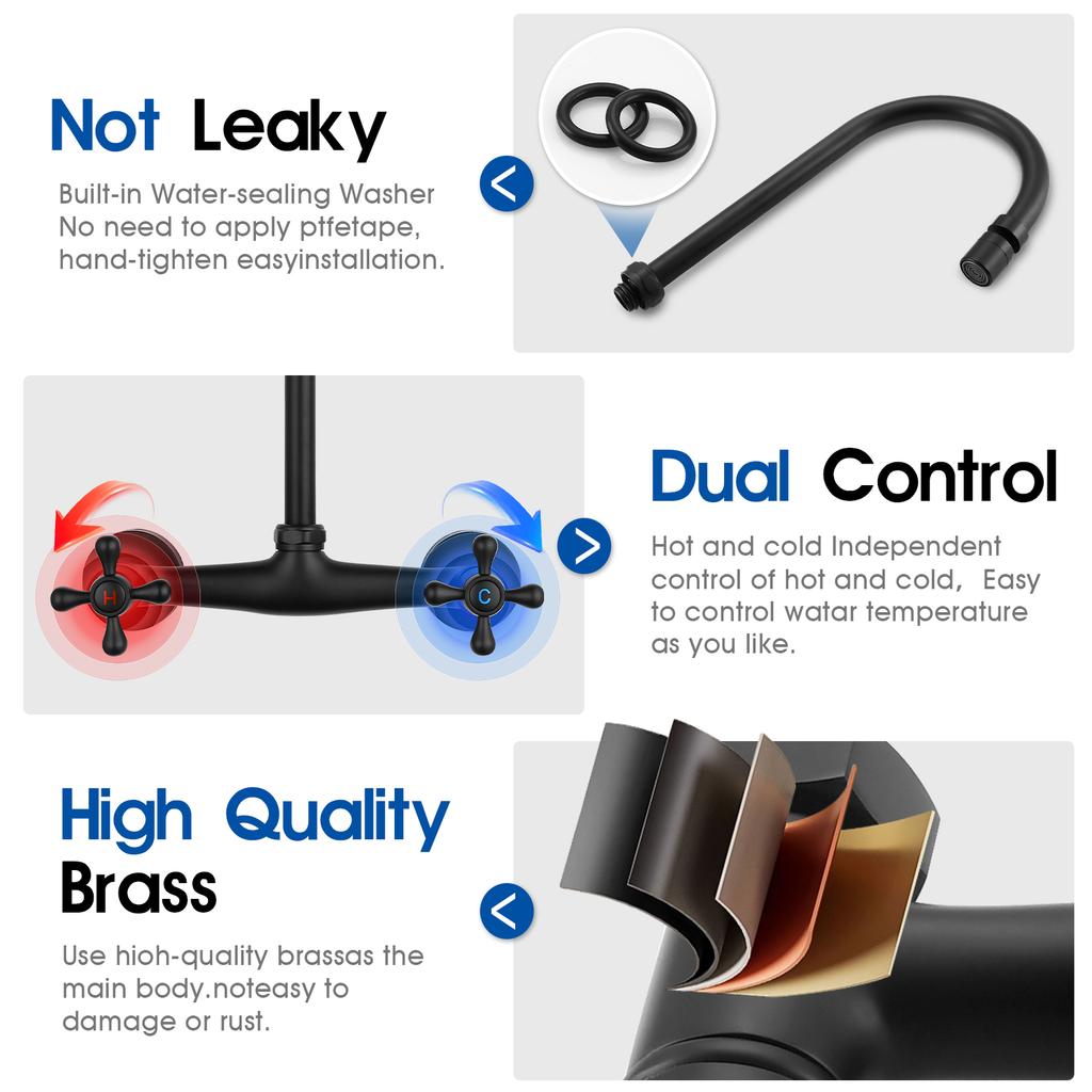 Matte Black Brass Wall Mounted Kitchen Faucet with Dual Cross Handles Swivel Spout and Ceramic Valve Core