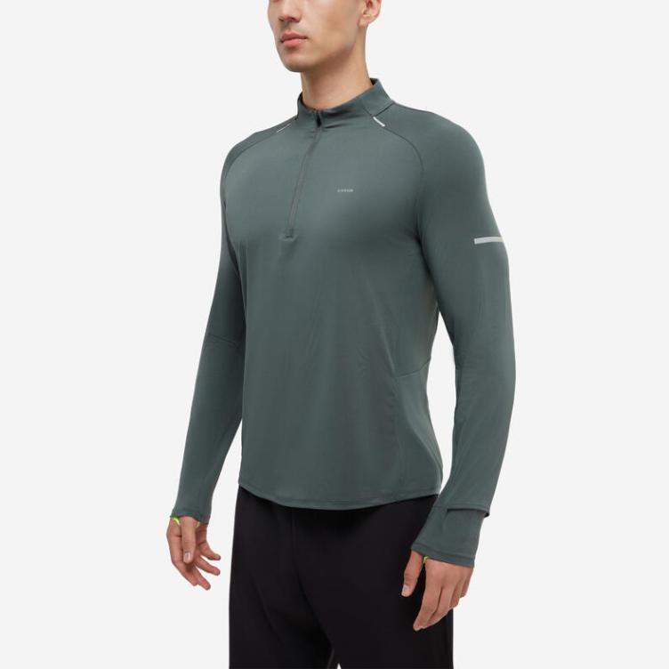 Decathlon KIPRUN 500 Series Sweat-wicking Quick Dry Breathable Sports Raglan Long Sleeve T-Shirt Men's Dark Gray Green