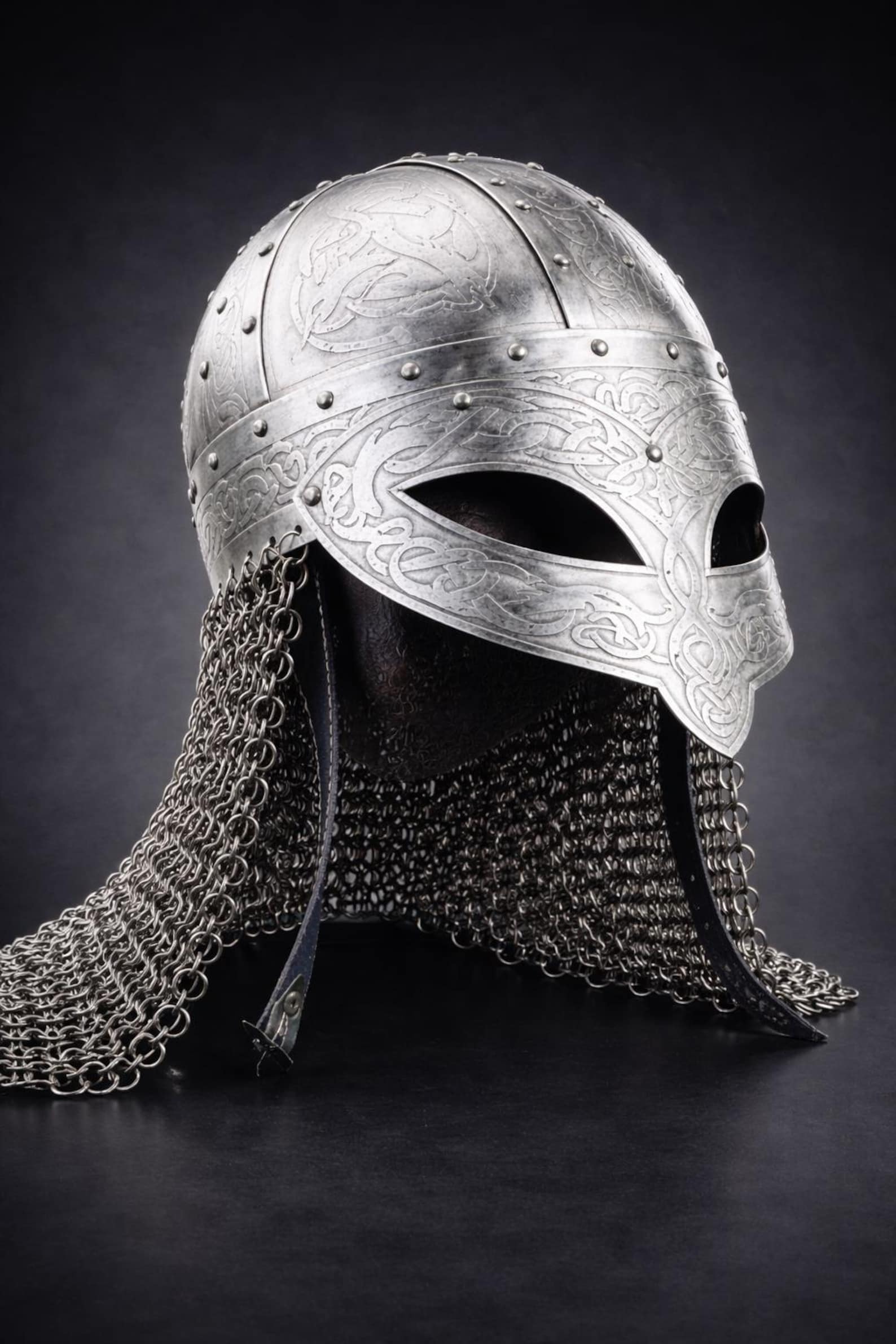 Engraved Viking Warrior Helmet with Chainmail