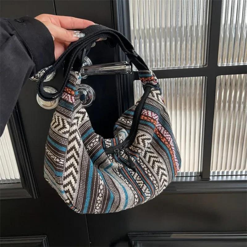Borsa a tracolla stile tribale, Pieghevole a tracolla con chiusura a zip, Fantasia a righe, Tema bandiera Fodera bordata dipinta Lavabile a mano