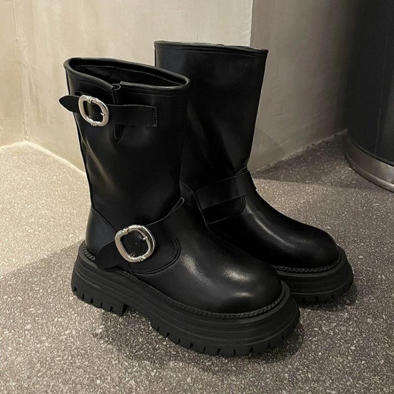 

Autumn British Martin Boots Women s Platform Medium Boots Short Boots Soft Leather Retro Pile Boots 40 чёрный