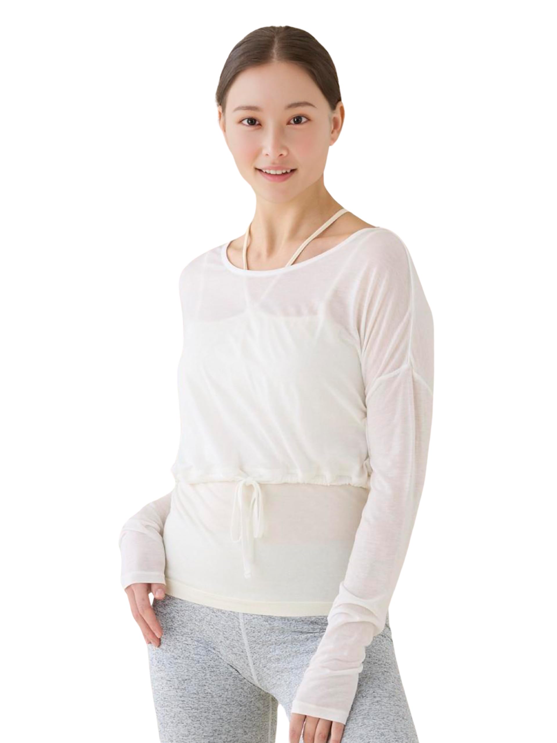 

suria Yoga Wear свободный размер Suria с длинным рукавом, короткая длина, смесь кашемира и тенселя [топ Scrunch] кремово-белый SU-T267