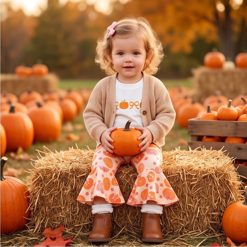 Kleinkind Mädchen Halloween Kürbis Stickerei Langarm Rundhals Pullover Sweatshirt und Elastische Taille Ausgestellte Hose Set