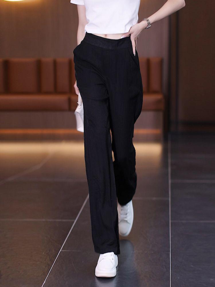 

Женские летние брюки с высокой посадкой из ледяного шелка с широкими штанинами 2024 - Тонкие, свободного кроя, прямые, драпирующегося повседневного стиля. XL чёрный