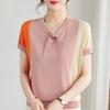 Women's Summer Knitted Shirt Thin Ice Silk T-shirt Knitted Short Sleeve Contrast Color Western Style Top