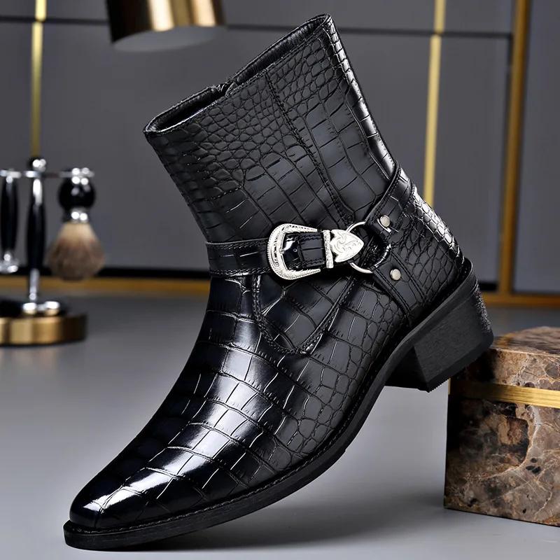 Mode Große Größe Schnalle Designer Leder Chelsea Stiefel Männer Mode Lässig Schwarz Herbst Witner Kleid Schuhe Mann Stein Muster Stiefeletten