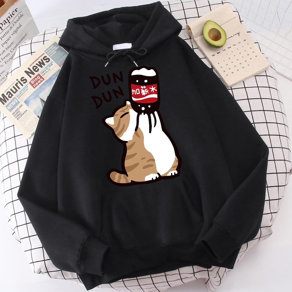 Cartoon Cat Drink Salary Increase Beverages Mens Hooded Jacket Casual Cartoon Hoodies Pleasure Sweatshirts Tops
