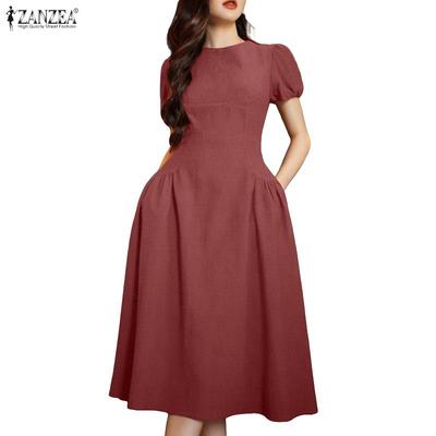 Women Casual Round Neck Puff Short Sleeve Loose Summer Dress