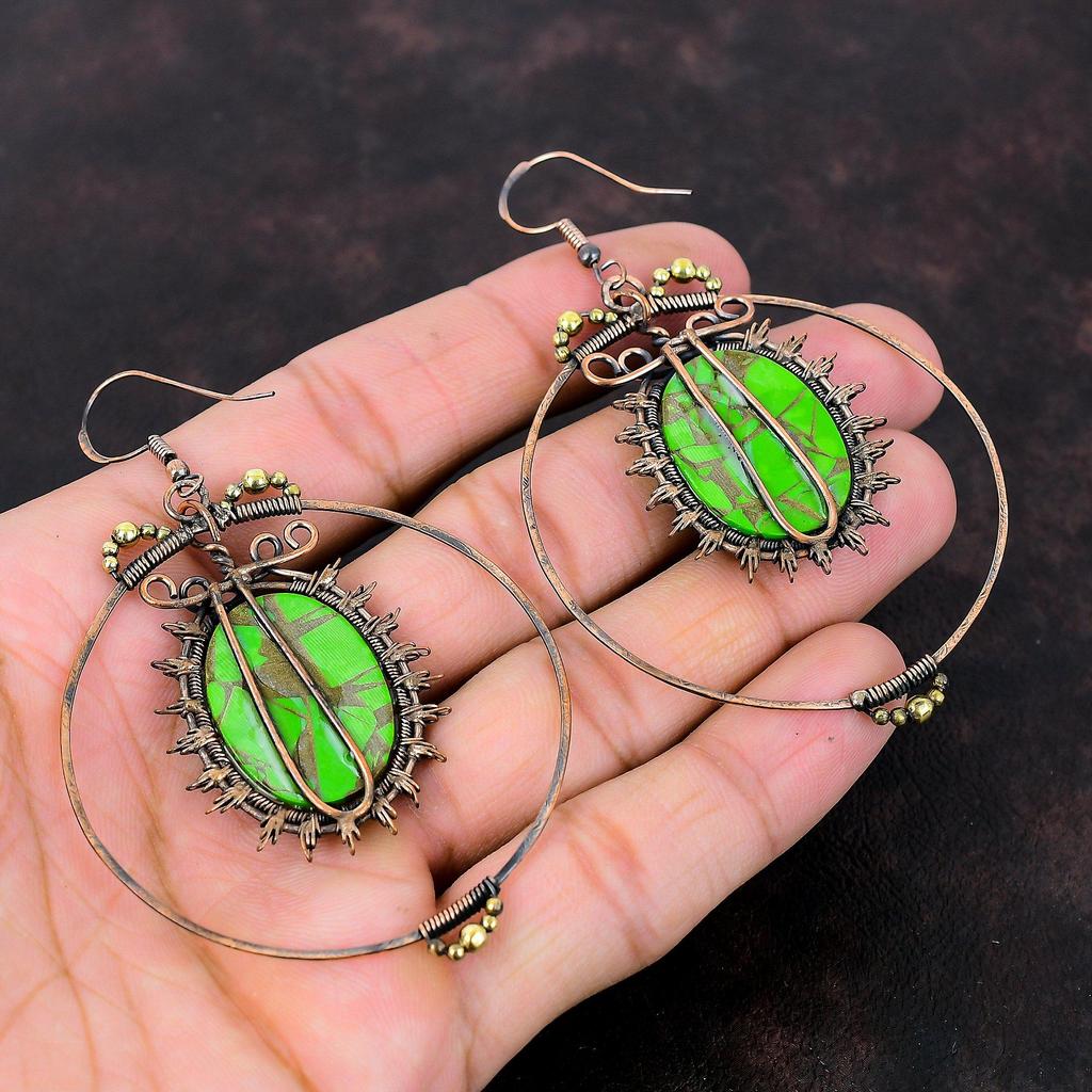 Cercei Turcoaz Verde Cupru Bijuterii Înfășurate în Sârmă de Cupru Piatră Prețioasă Cercei Handmade Piatră Natală Bijuterii Cadou Aniversare Cercei Sârmă de Cupru