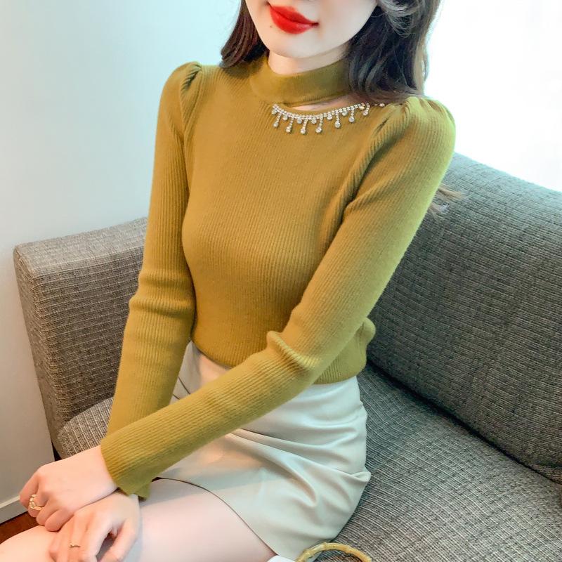 

Осенне-зимний женский трикотаж, простой внутренний свитер с подвесным воротником, тяжелый свитер с бисером, дизайнерская рубашка с длинными рукавами, топы с длинными рукавами One Size белый