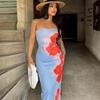 European & American Style Sexy Slim Fit Strapless Printed Long Dress with Side Slit for Women