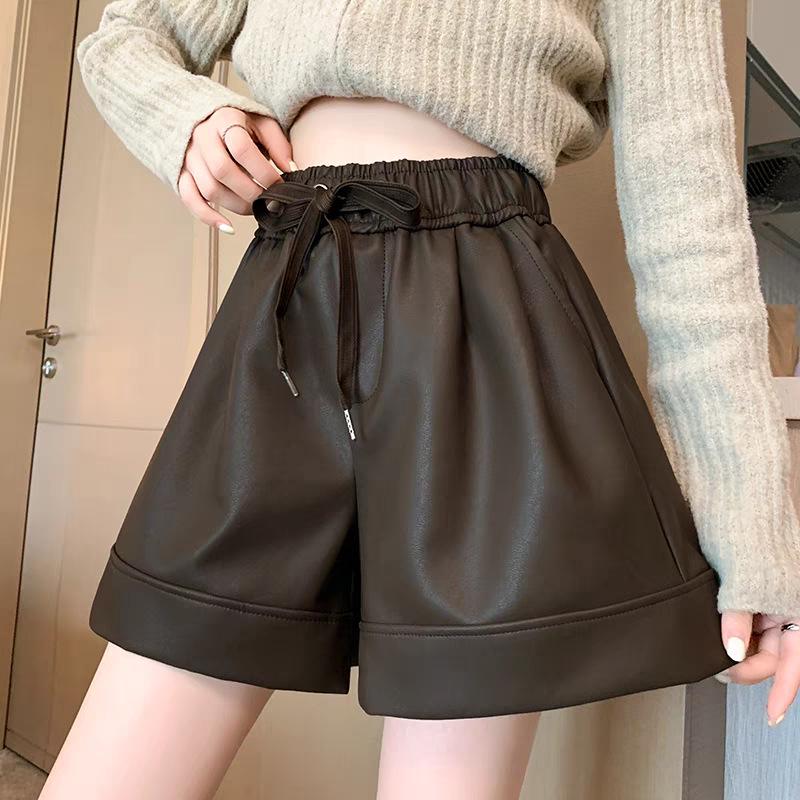 

Women s Black PU Leather High-Waisted Wide-Leg Shorts - Slimming Loose Fit for Autumn/Winter 2025 S (80-95 kg) кофейный