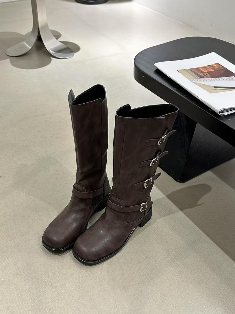 British Style Retro Belt Buckle Knight Boots 2025 New Wide with Martin Boots One Pedal Thick Heel Thick Sole Medium Boots