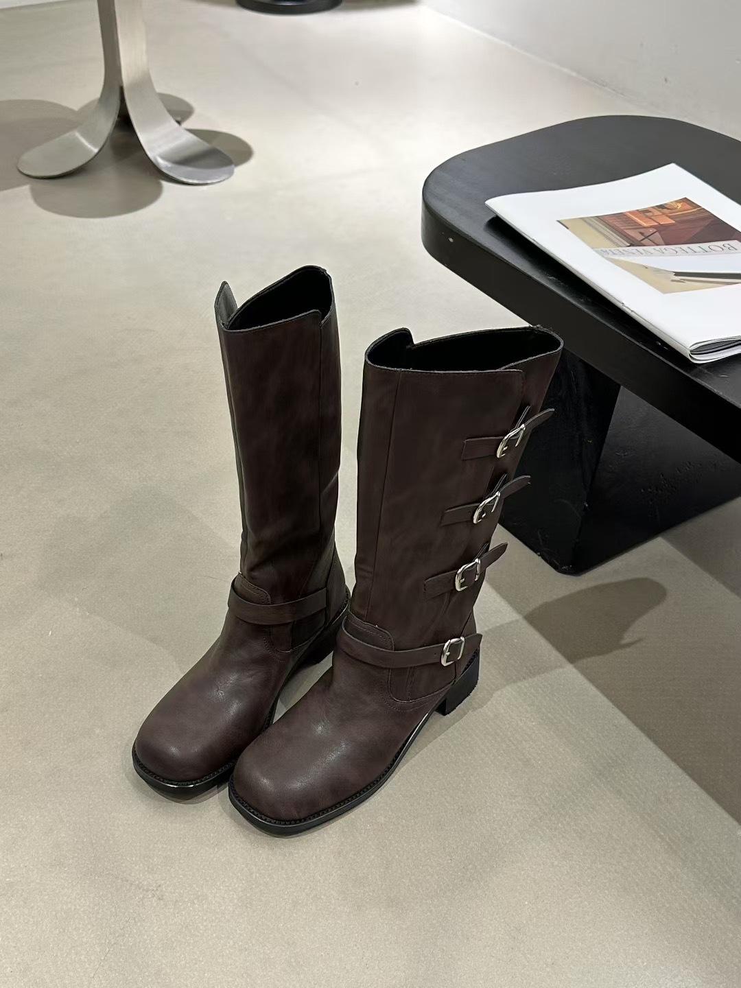 

2025 new wide Martin boots one-pedal thick heel thick-soled medium boots British style retro belt buckle knight boots 39