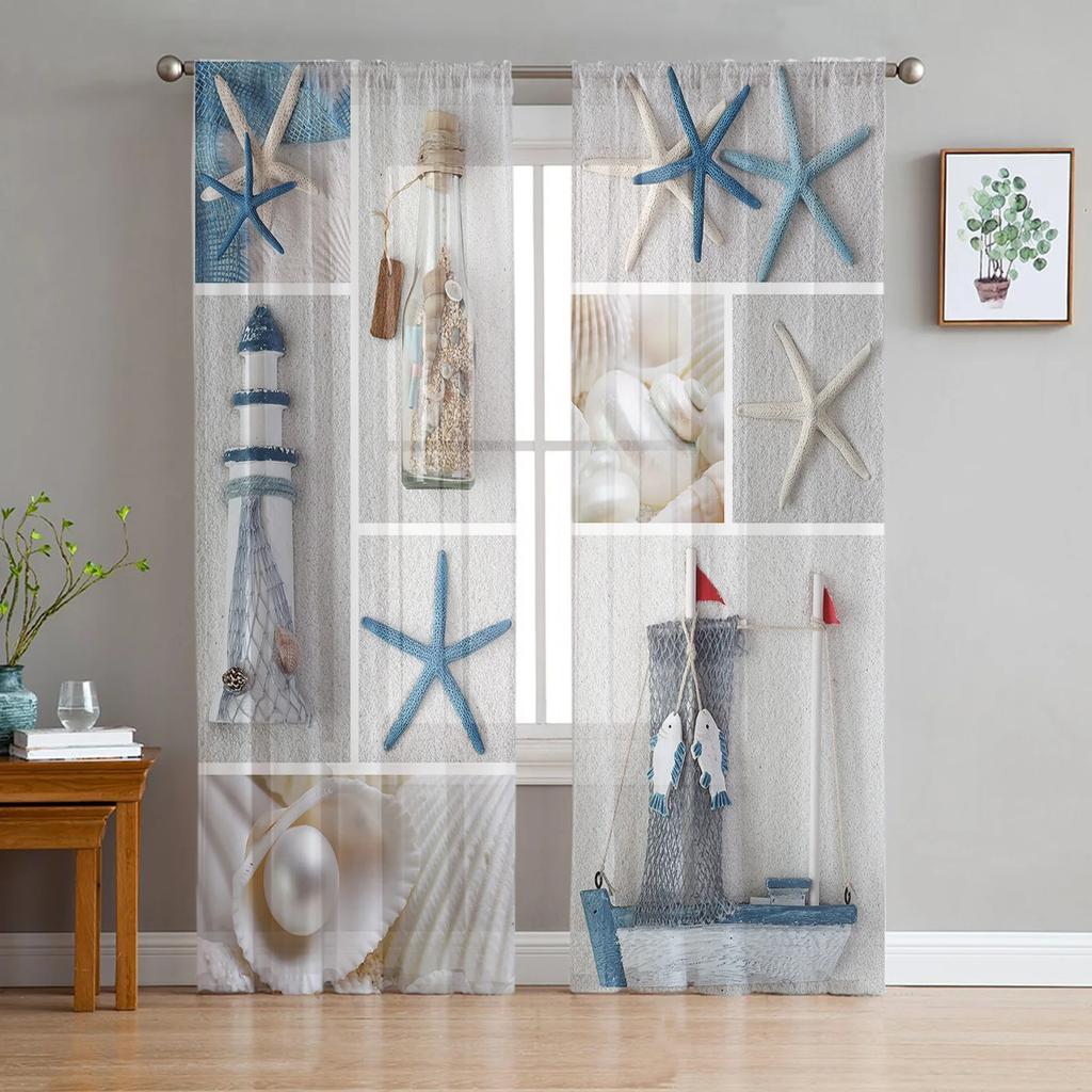 Mediterranean Lighthouse Starfish Tulle Curtains For Living Room Bedroom Kitchen Decoration Chiffon Sheer Voile Window Curtains