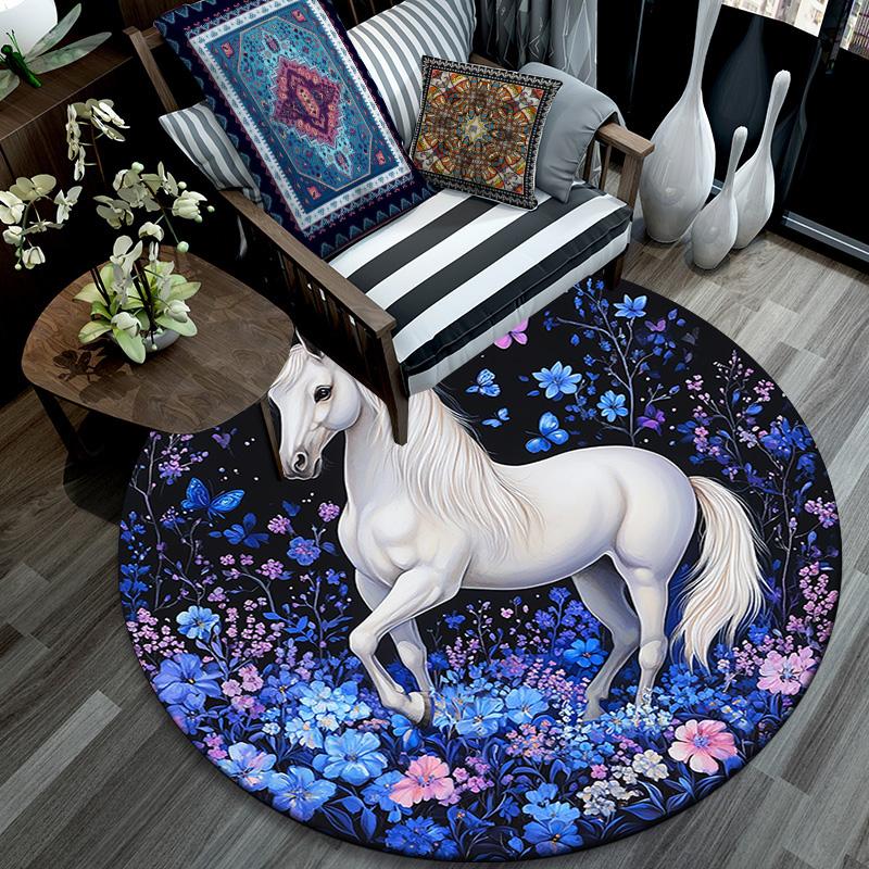 White Horse Round Area Rug,Carpet Rug for Living Room Bedroom Sofa Playroom Decor,Non-slip Floor Mat