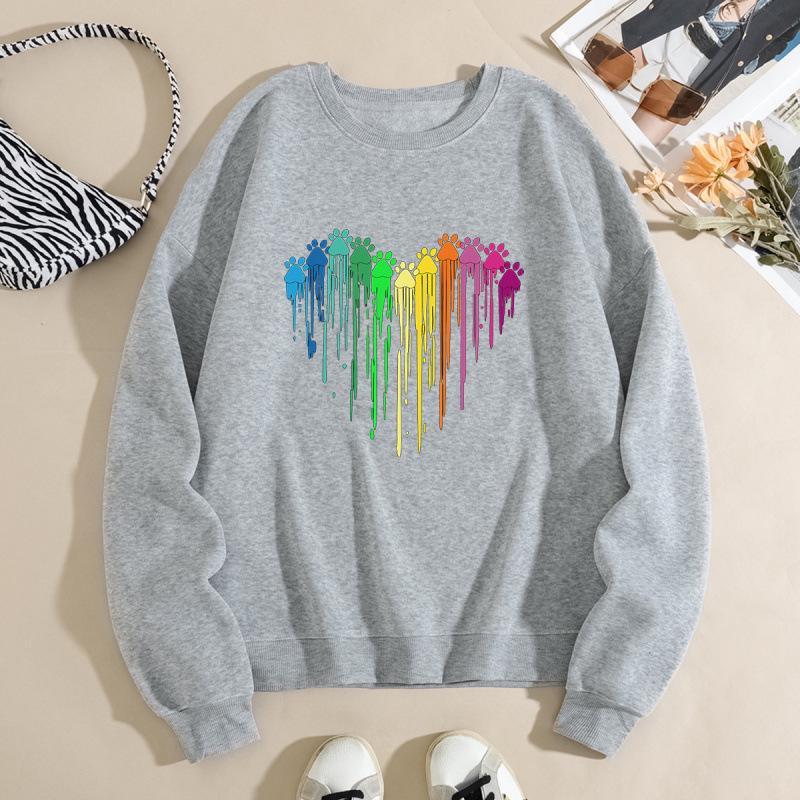 European and American Women's Colorful Heart Shape Loose Hoodie - Plus Velvet, Round Neck, Long Sleeve.
