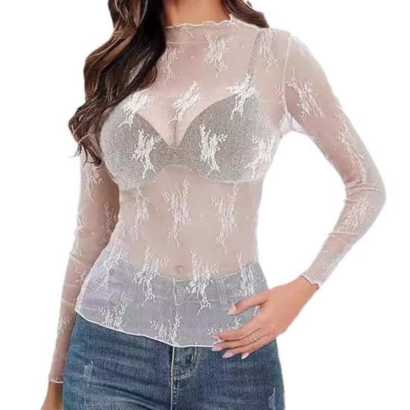 New Lace See Through Sexy Mesh Women Blouse Long Sleeve Tops Transparent Floral Shirt Thin Perspective Lace Shirts Spring Summer Sweet Elegant Blouse