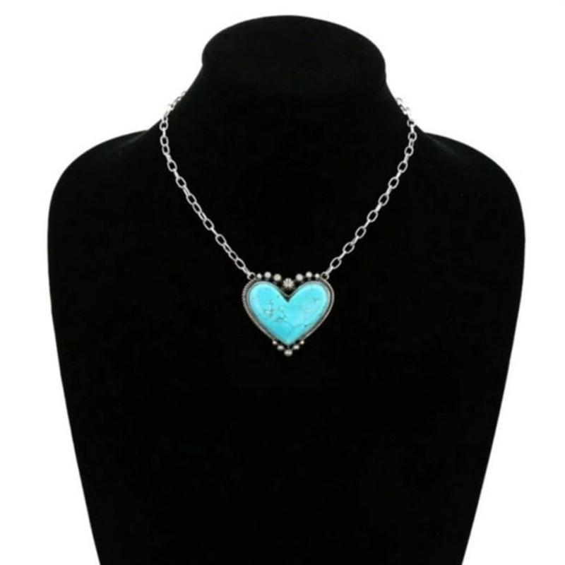 Bohemian Turquoise Love Heart Necklaces for Women Girls Statement Pendants Necklace Girls Party Holiday Jewelry Gift