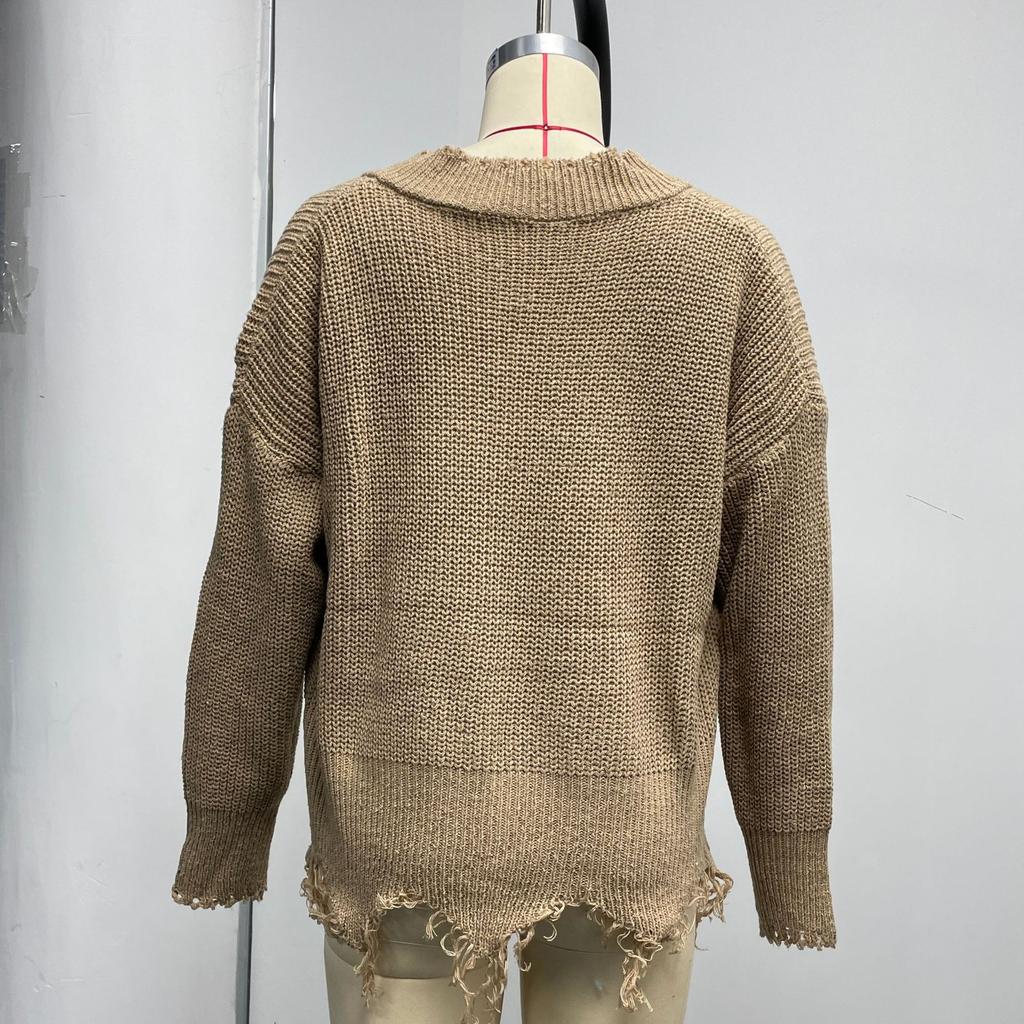 Pulovere Moda simplă Largi Vintage Moda de toamnă și iarnă Haine clasice moale pentru femei Bumbac ciucuri găuri sparte Pulover tricot