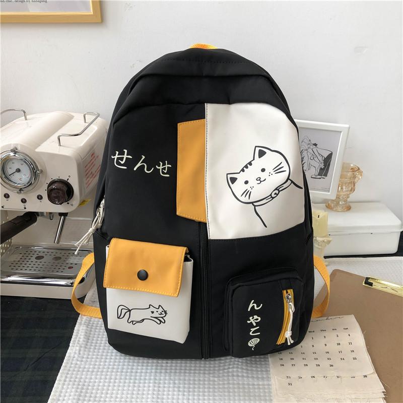 Hundreds of Simple Junior High School Students Schoolbag Large Capacity Primary School Students Schoolbag Cute Cat Pattern