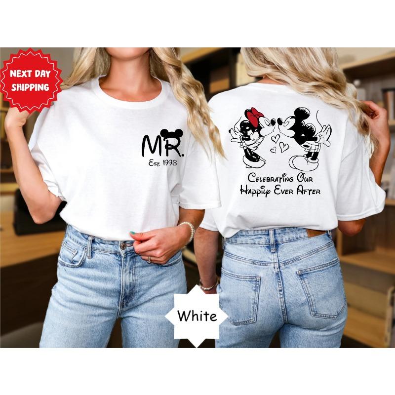 2025 г-жа. и г-н. Двусторонняя рубашка Disney, Микки Минни и его жена Счастливы Навсегда Свадебная рубашка Свадебная рубашка для медового месяца XL