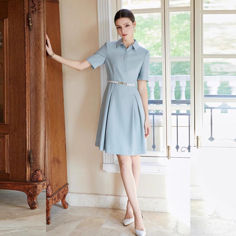 2024 Women's Blue Stand-Up Collar Short-Sleeve Shirt Dress for Office Commute