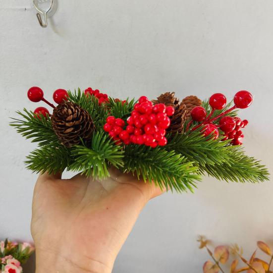 Christmas Candle Ring Wreath Artificial Red Berry Pinecone Pine Needles Candle Wreaths Small Tabletop Candle Holder for Home Party Fireplace Decor
