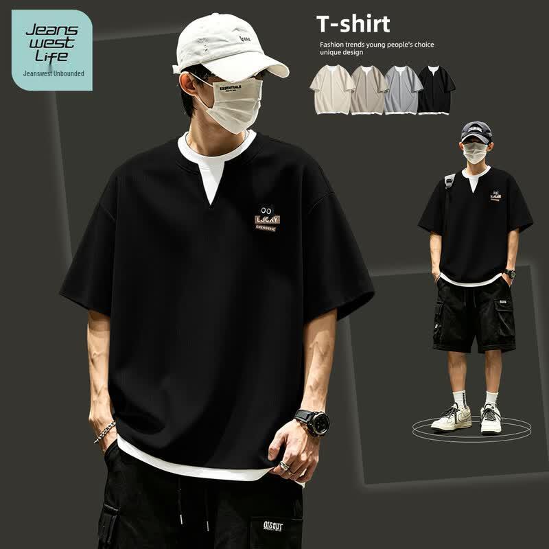 JEANSWEST LIFE Men s Waffle Faux Two-Piece Short Sleeve T-Shirt 3XL