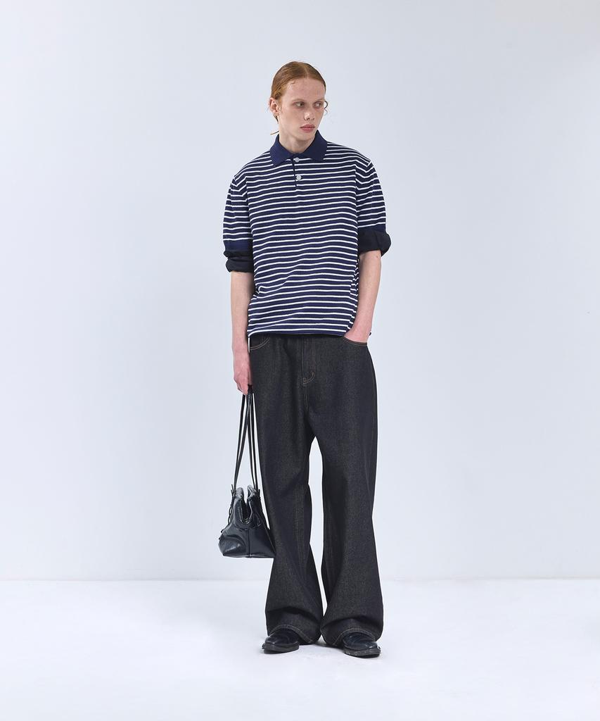 IRONYPORNO WHITELINE 86-Iro358 Color Stripe Button Collar Short Sleeve Knit Navy