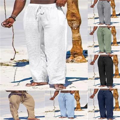 Men's Cotton Linen Solid Colour Drawstring Breathable Outdoor Daily Loose Straight Trousers