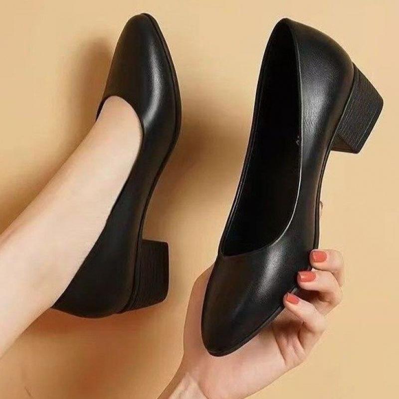 Damen Pumps mit niedrigem Absatz Schwarz Echtes Leder Formelle Schuhe Slipper Pendler Bequem Mittelhoch