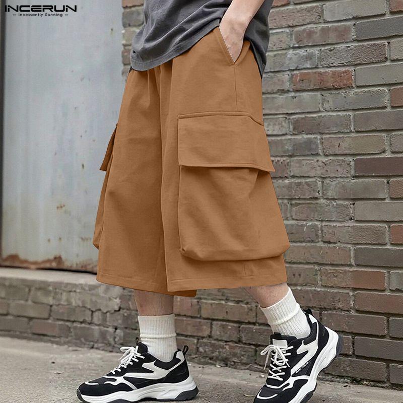 INCERUN Summer Men Elastic Waist Pockets Casual Loose Shorts Pants Capri