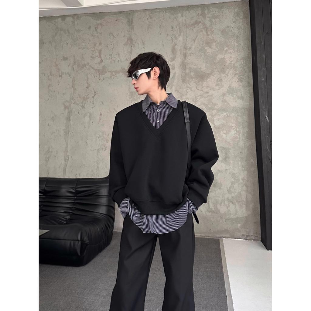 Men's Spring Autumn New Korean Style Niche Stylish Design Fake Two-Piece Spliced Sweatshirt Solid Color Versatile Loose Top