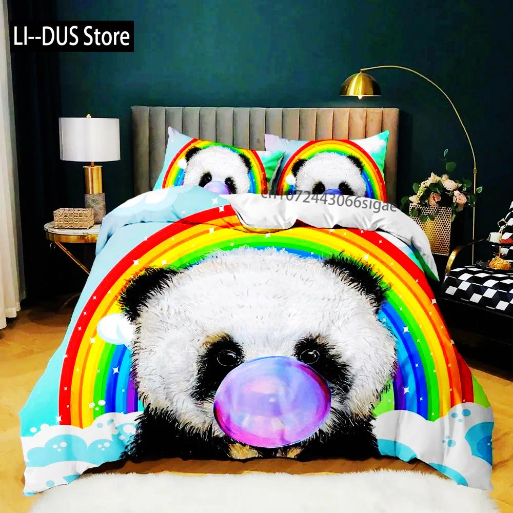 Panda Duvet Cover Cute Animal Bedding Set For Boys Girl Cartoon Giant Panda Polyester Comforter Cover Bear Printed Wildlife