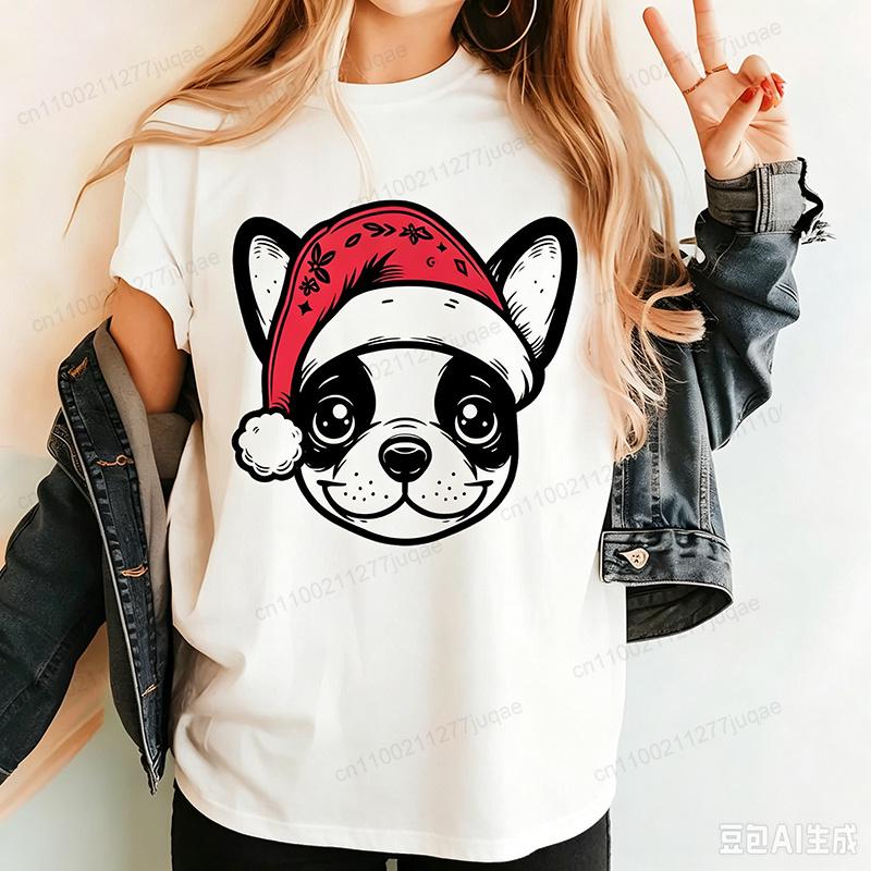 Frenchie Christmas Print Women's T-Shirts Retro Dog Santa Hat Design T-Shirts Tee Tops short sleeve Tshirts Tops Christmas Gifts