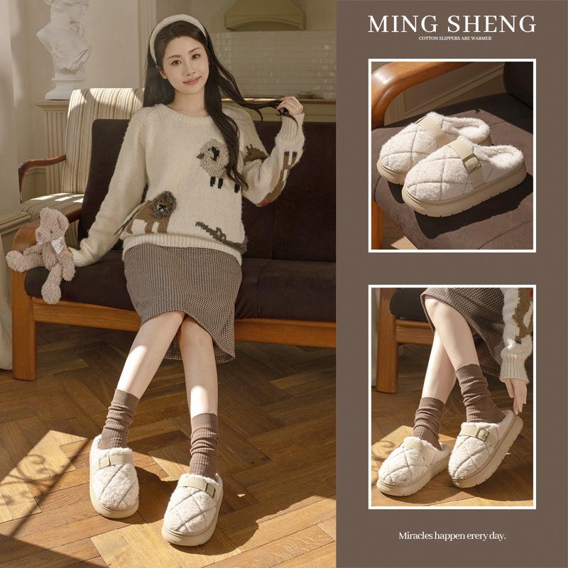 Plush cotton slippers light luxury plaid couple cotton shoes autumn and winter indoor home warm and comfortable home