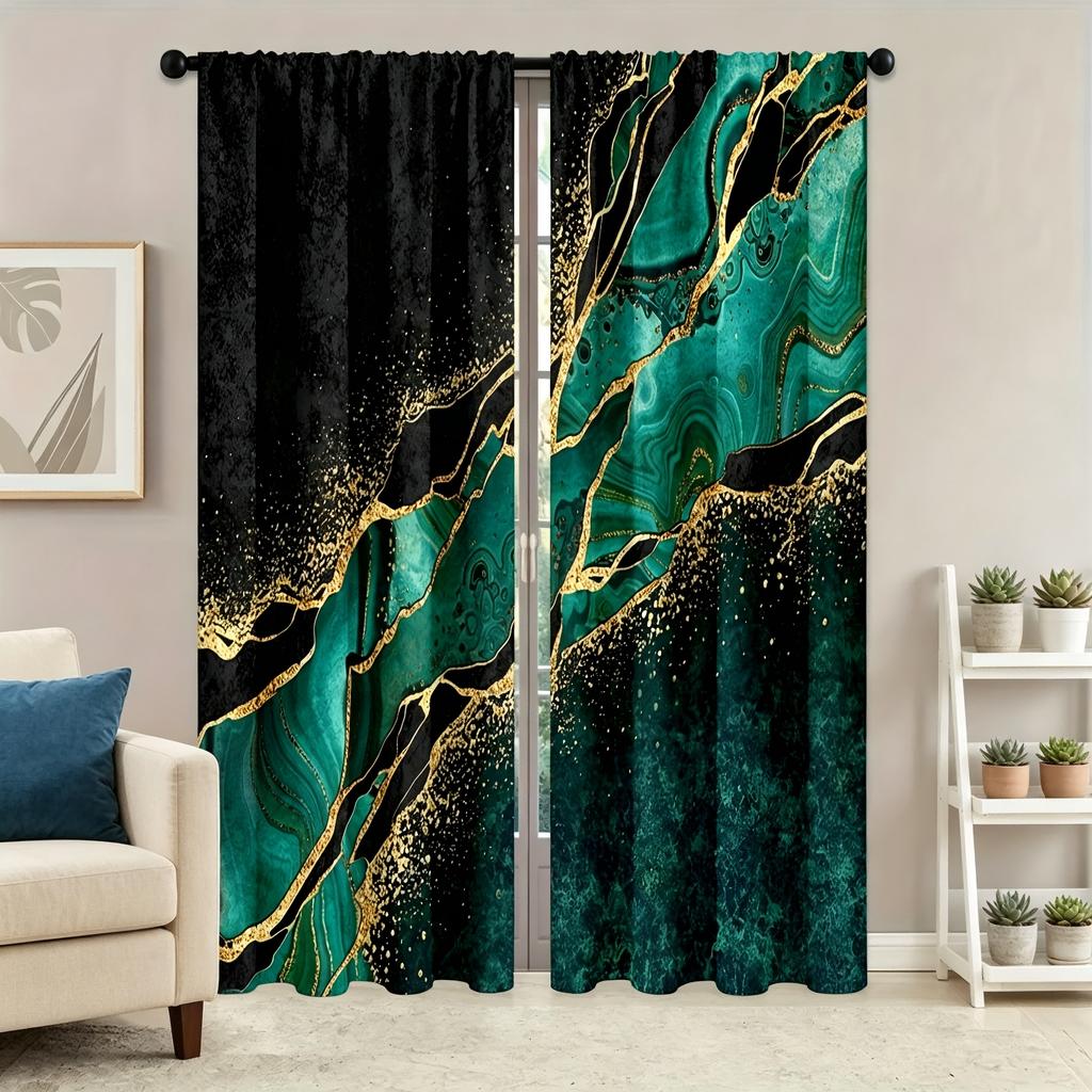 Two-Piece Rod-Pocket Curtains, Polyester Fiber Blackout/Light-Filtering Curtains, Green Background with Gold Marble Print
