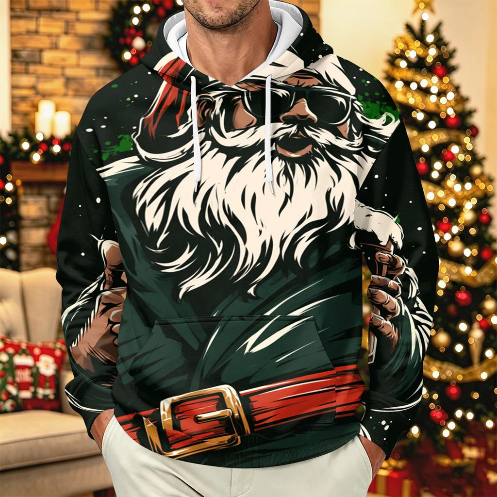 Men's Long Sleeve Hooded Sweatshirt with Christmas Print for Casual Holiday Wear
