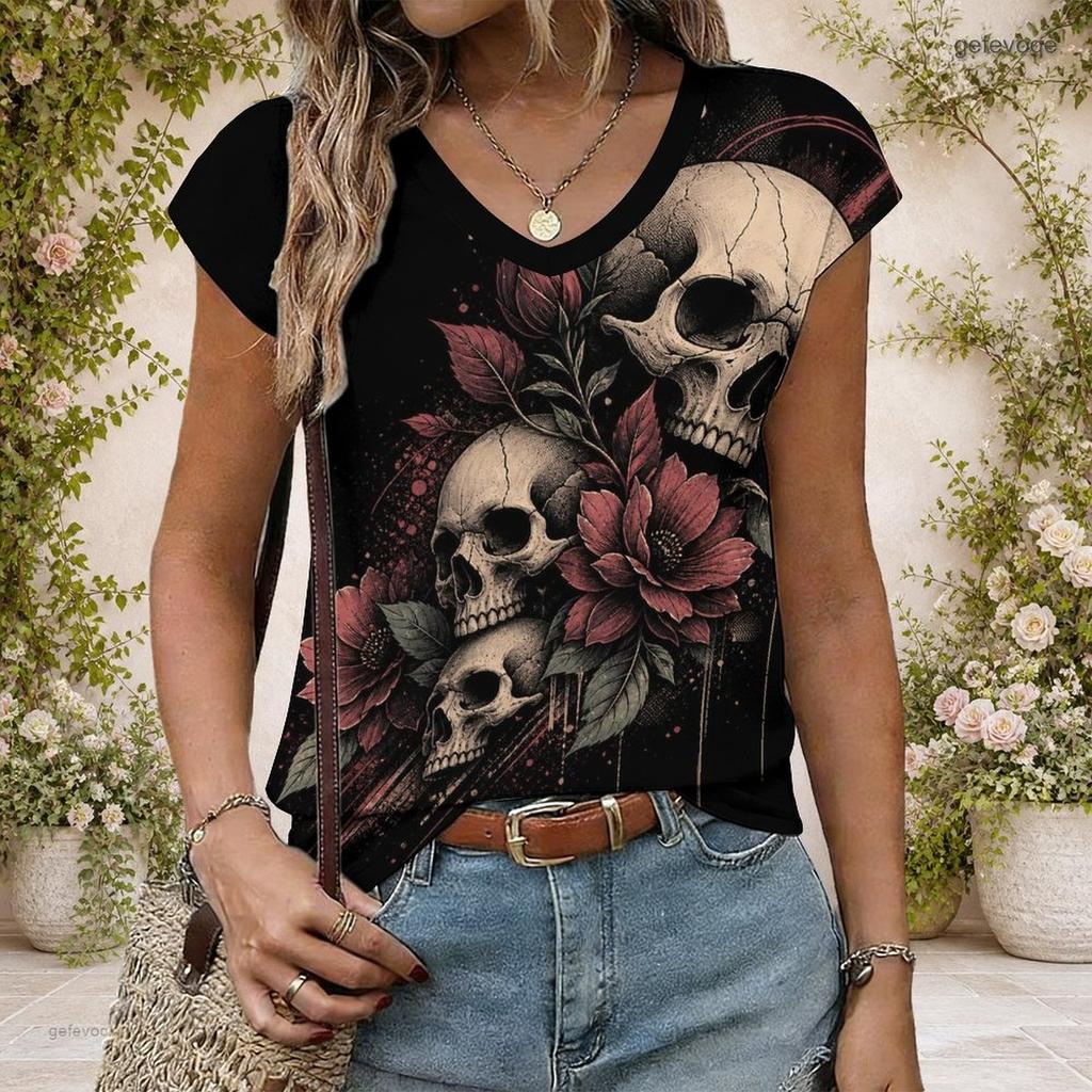 Women Plus Size V Neck Wide Short Sleeve Skull Moon Printed Black T Shirt