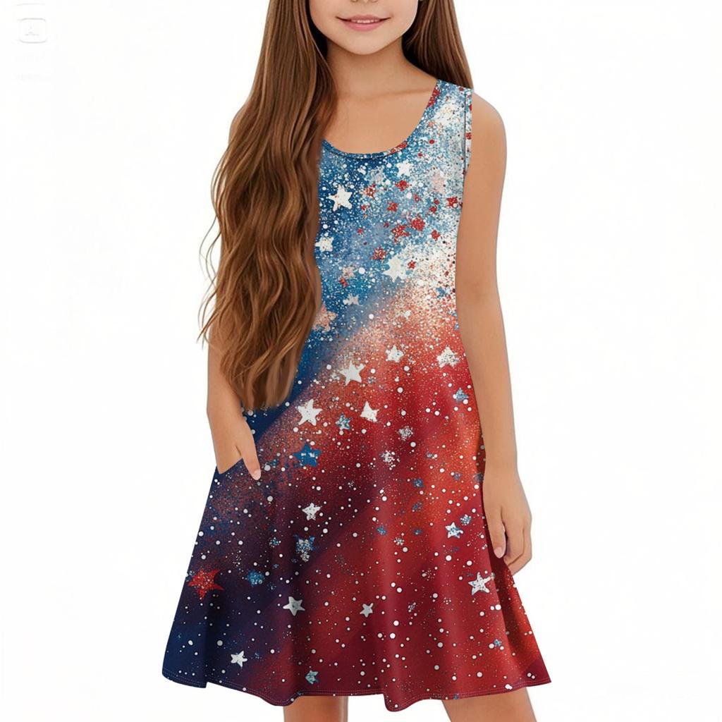 Children's Sleeveless U-neck Summer A-line Casual Independence Day Dress