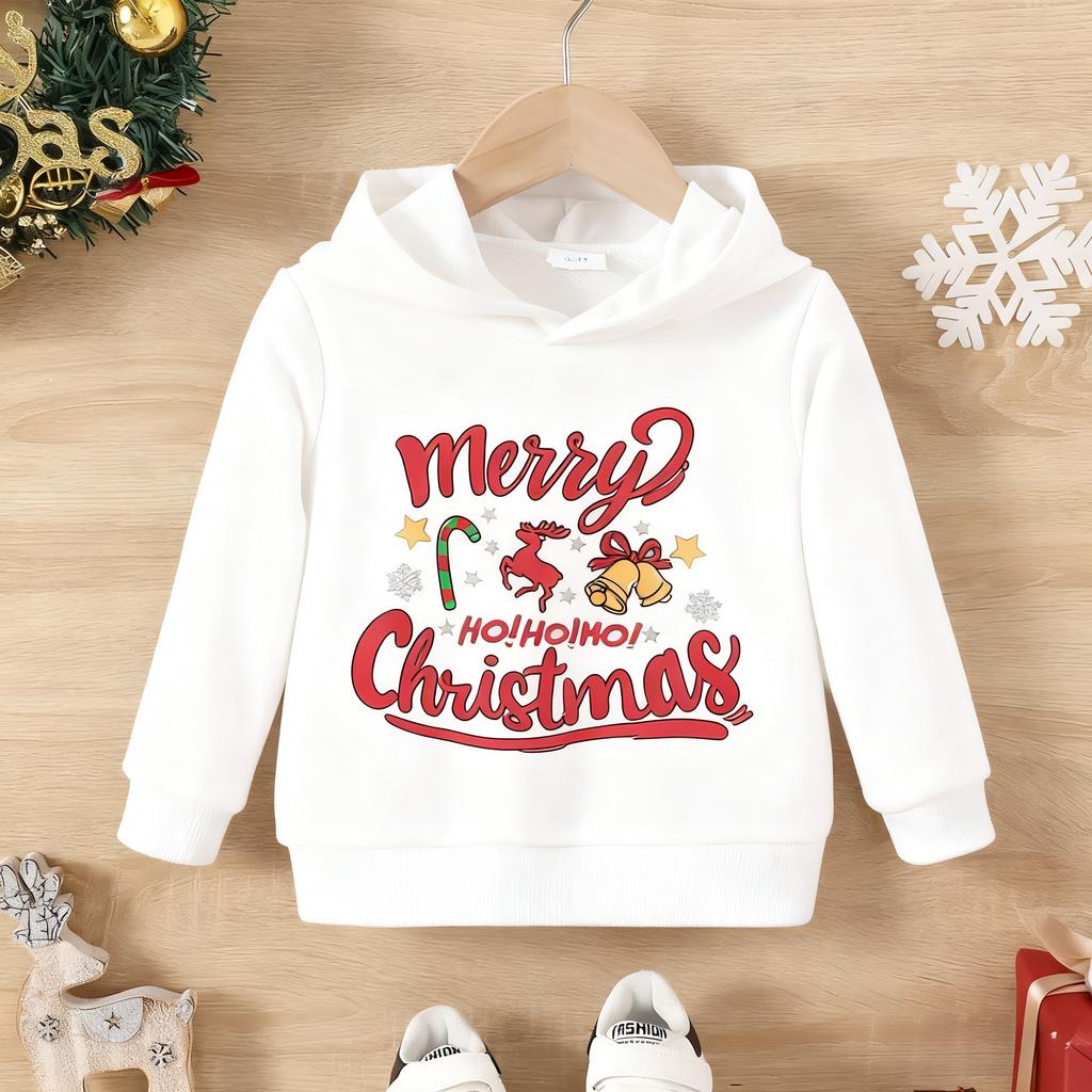 Christmas Element Print Children Hooded Sweatshirt Boy Girl Autumn Winter Daily Outdoor Vacation Casual Loose Warm Sportswear