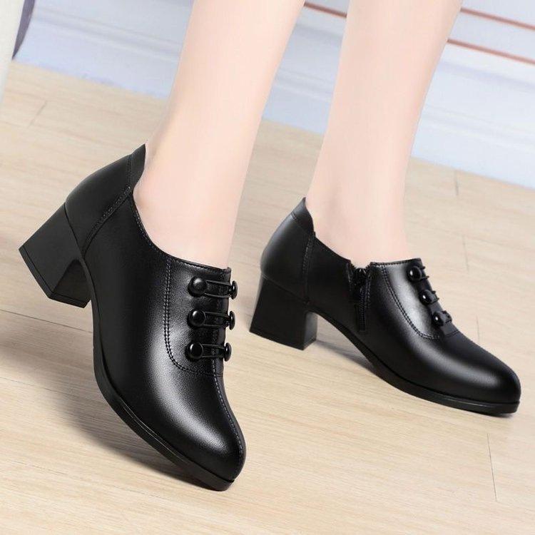 Coarse heel single shoes spring and autumn new soft-soled mid-heeled leather shoes