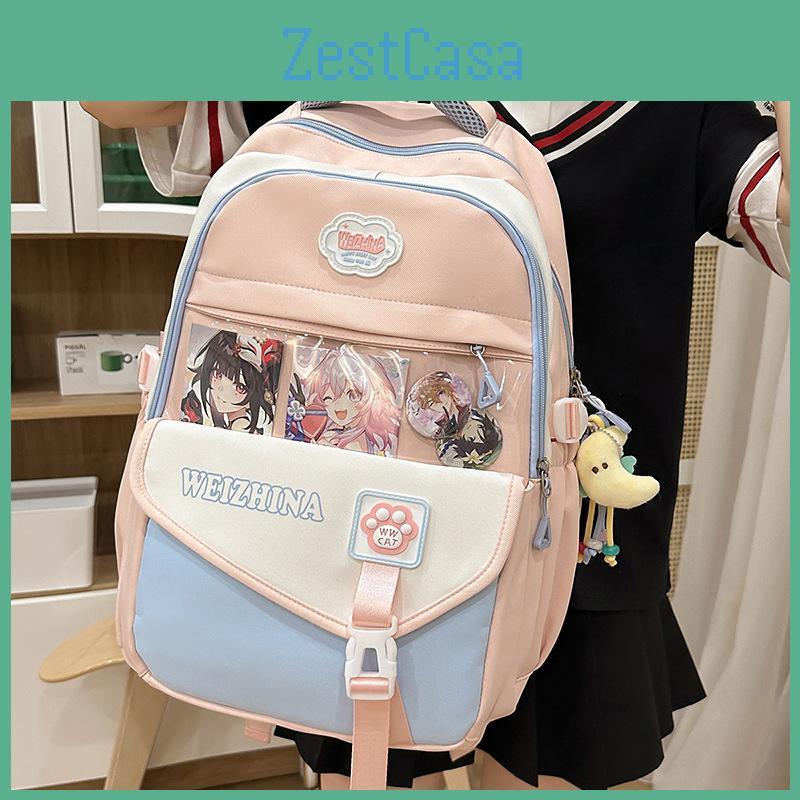Color Blocked Fashionable Letter Printed Student Backpack With Pendant Daily For