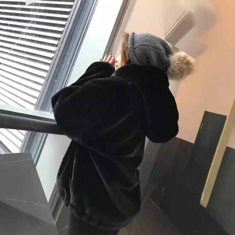 

Осень и зима новая модная куртка из искусственного меха кролика рекс женская утолщенная плюшевая с капюшоном короткое пальто большого размера топ L чёрный