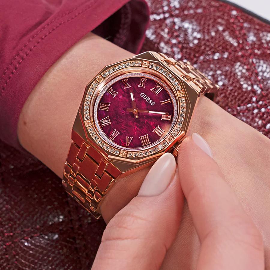 Guess Ladies' Quartz Watch with Deep Red Dial and Gold Stainless Steel Strap - GW0770L3