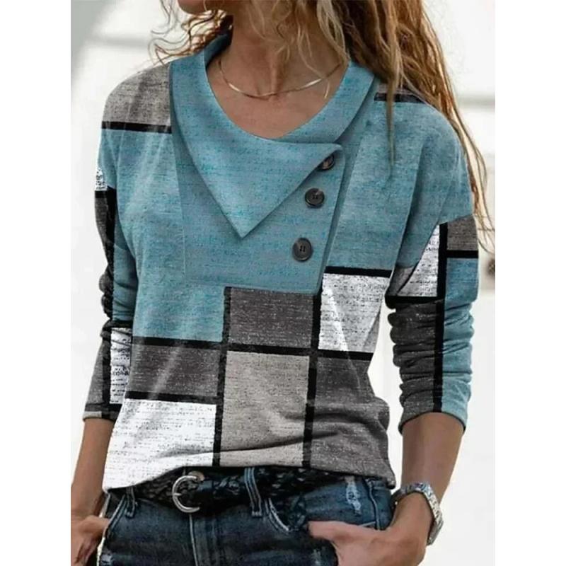 

Модная футболка с геометрическим принтом, женские повседневные осенние топы на пуговицах с длинным рукавом XXXL озеро синий