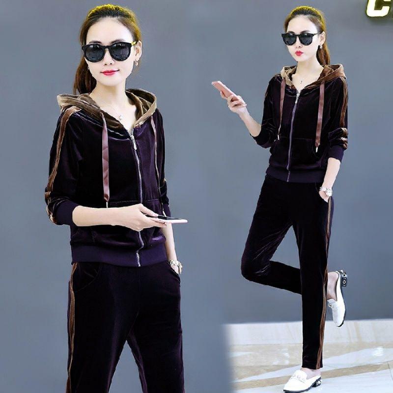 Gold Velvet Casual Sportswear Suit for Women Spring and Autumn Large Size Loose Hooded Fashion Two-piece Set