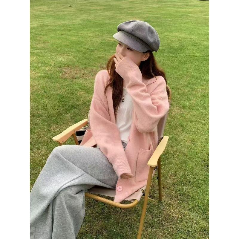 Lazy Wind Loose V-neck Knitted Cardigan Autumn and Winter Solid Color Versatile Cardigan Age-reducing Soft Sweater Jacket Women