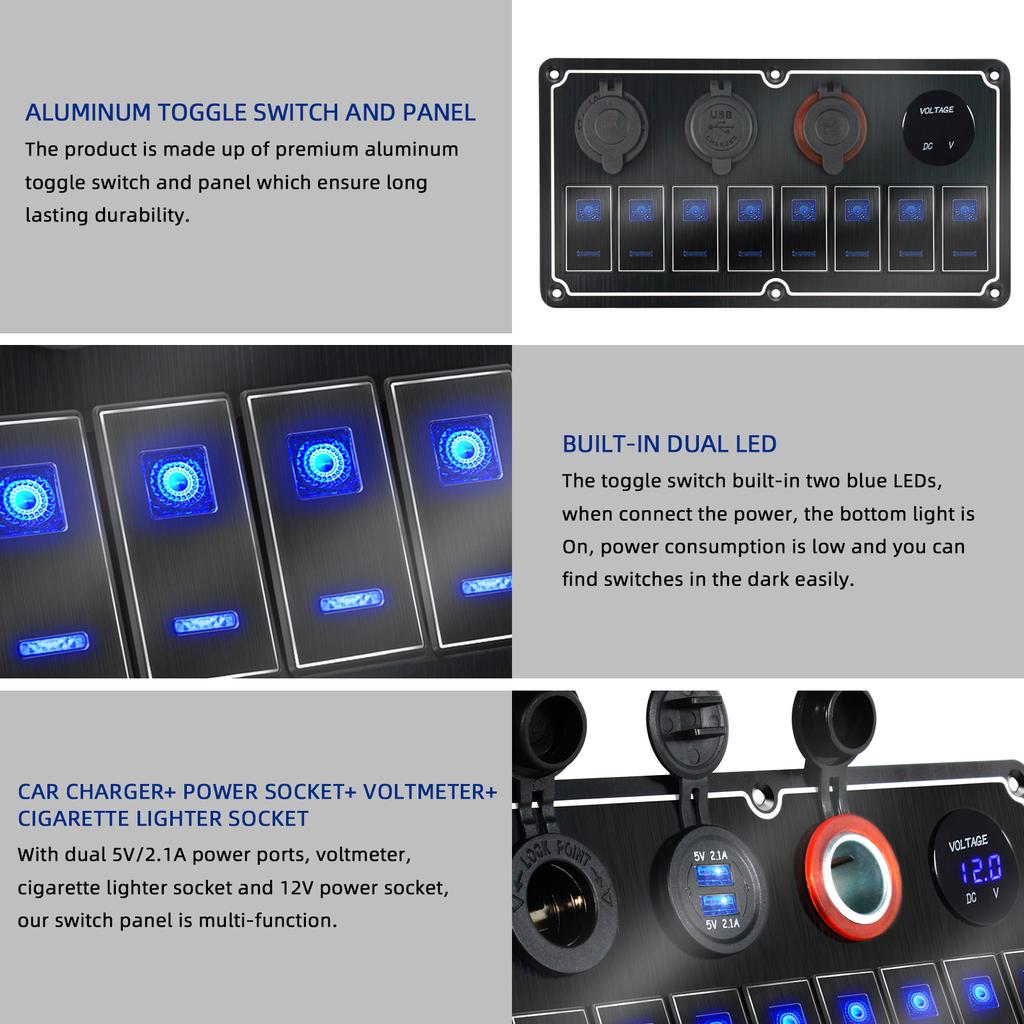2/4/6/8 Group Waterpoof Switch Panel Dual USB Socket Digital Voltmeter Cigarette Lighter Power Outlet Dual Blue Light 12/24V